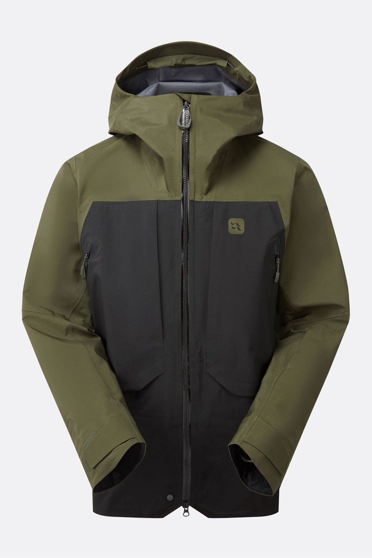 Men's hooded GTX waterproof ski jacket with two-tone colorblock design and front zip
