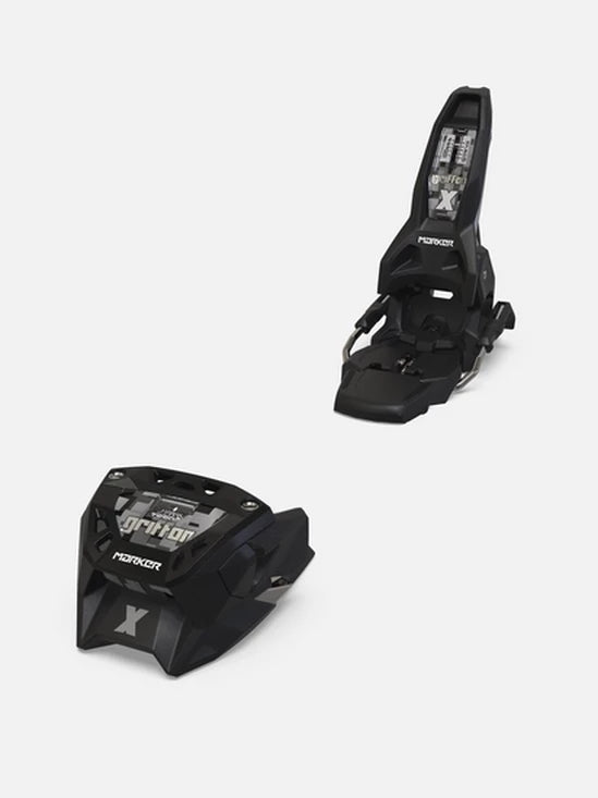 Marker Griffon X 13 ski bindings in black with camo accents, toe and heel pieces
