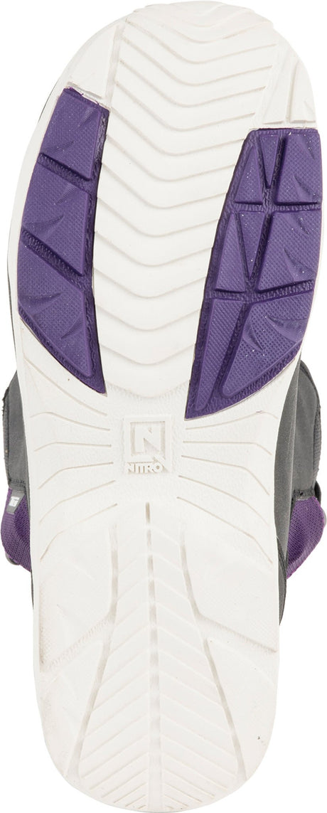 Close-up of women's snowboard boot sole with white tread and purple traction zones