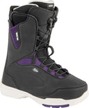 Women's black and purple snowboard boot with white sole and advanced lacing system