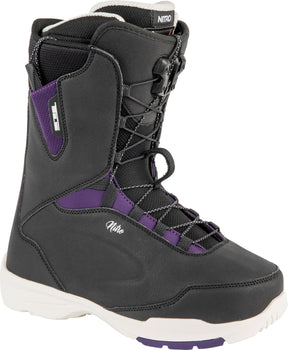 Women's black and purple snowboard boot with white sole and advanced lacing system