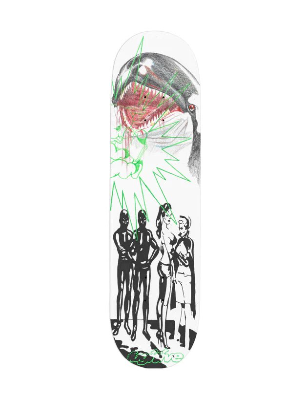 Fugitive Orca skateboard deck with shark and figures graphic in black green red