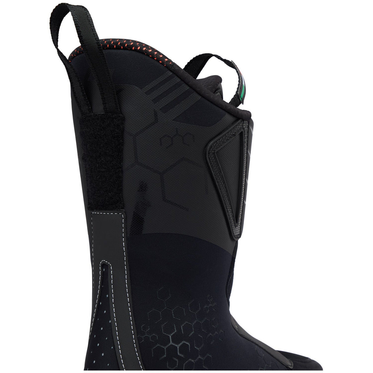 Lange ski boot upper showcasing stiff cuff, velcro strap, pull loops, and hexagonal texture