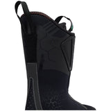 Lange ski boot upper showcasing stiff cuff, velcro strap, pull loops, and hexagonal texture