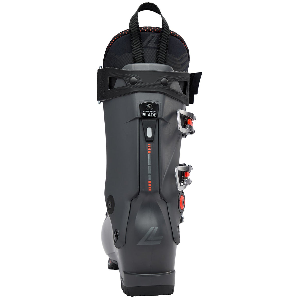 Lange alpine ski boot rear view showing suspension blade technology and buckle closure system