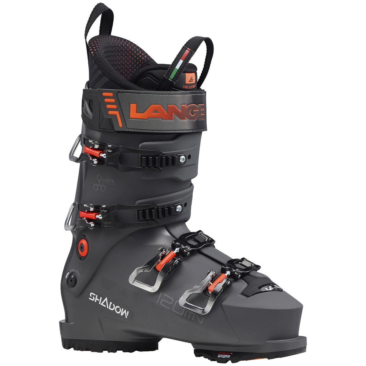 Lange Shadow 120 MV GW alpine ski boot with four buckles and orange accents