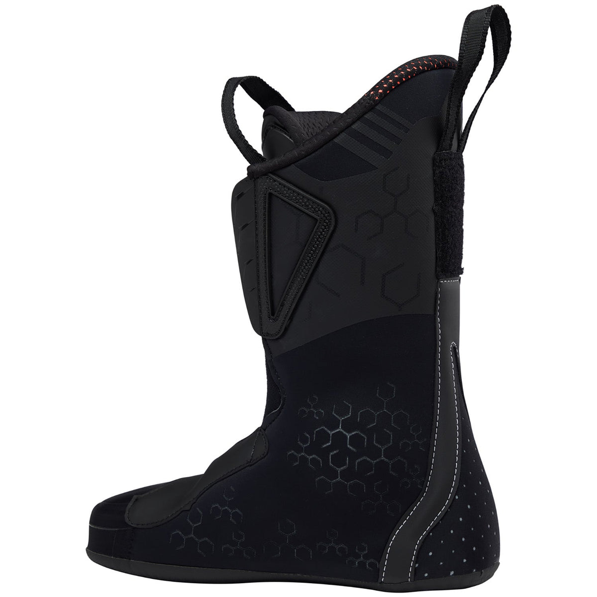 Lange ski boot inner liner with hexagonal texture, pull tabs, and velcro strap