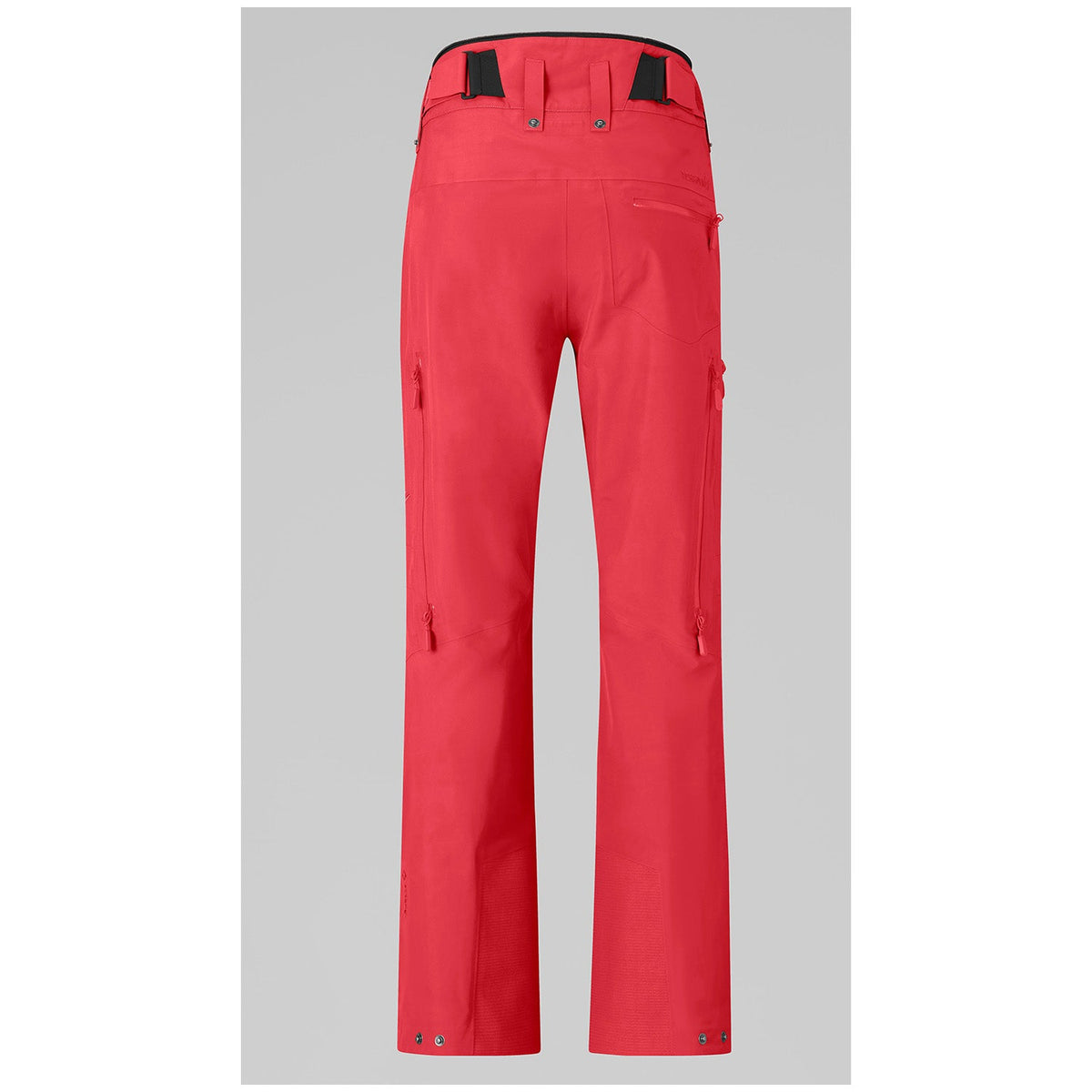 Norrona women's technical ski pants shown from the back with multiple pockets and suspenders