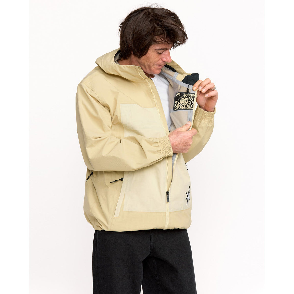 Men's hooded windbreaker jacket with star embroidery and interior branded patch detail