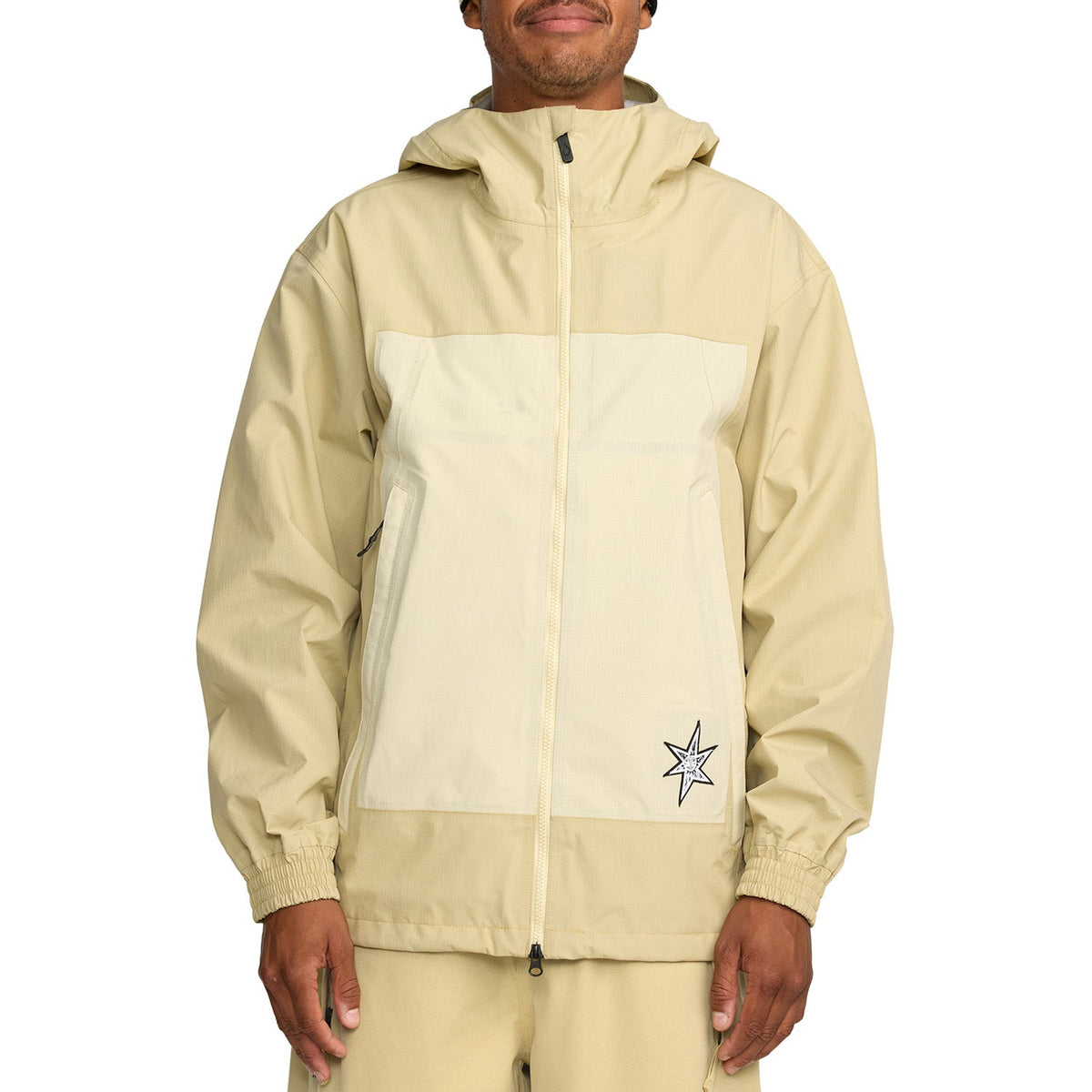Men's hooded zip-up shell jacket with colorblock paneling and star logo patch on lower front