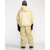 Men's snowboard jacket with hood, two-tone back panel, worn with matching snow pants