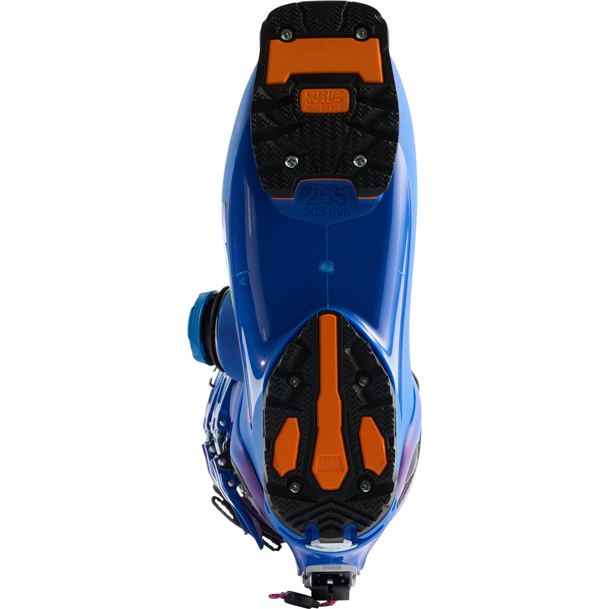Lange ski boot shown from bottom view displaying Grip Walk sole with orange toe and heel pads