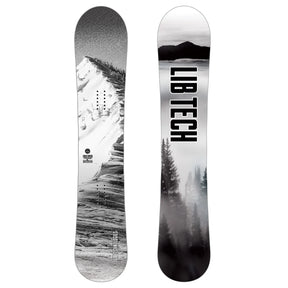 Lib Tech Cold Brew snowboard front and back views in black and white mountain graphic