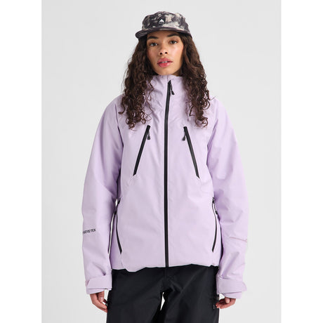 Women's Burton insulated Gore-Tex ski jacket with black zipper accents and hood, worn by model