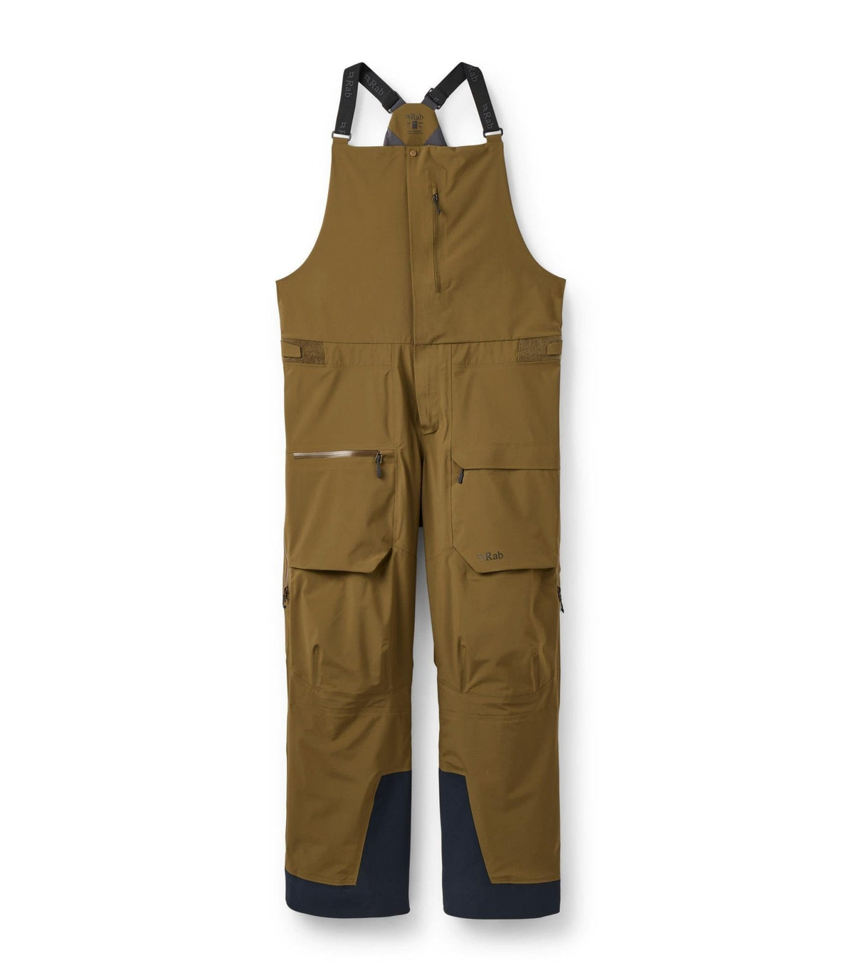 Rab men's bib pants with suspenders, multiple pockets, and dark reinforced cuffs