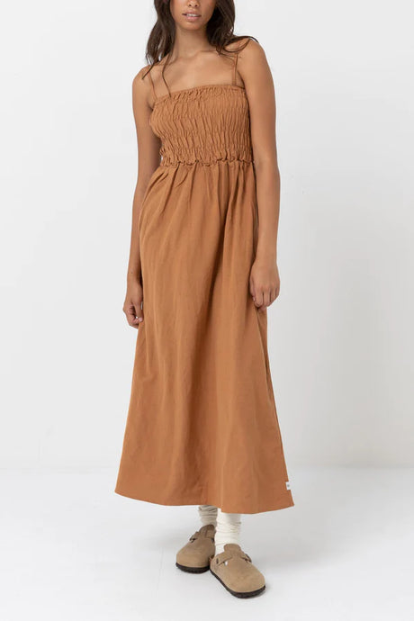 Rhythm Classic Shirred Midi Dress - Carmel