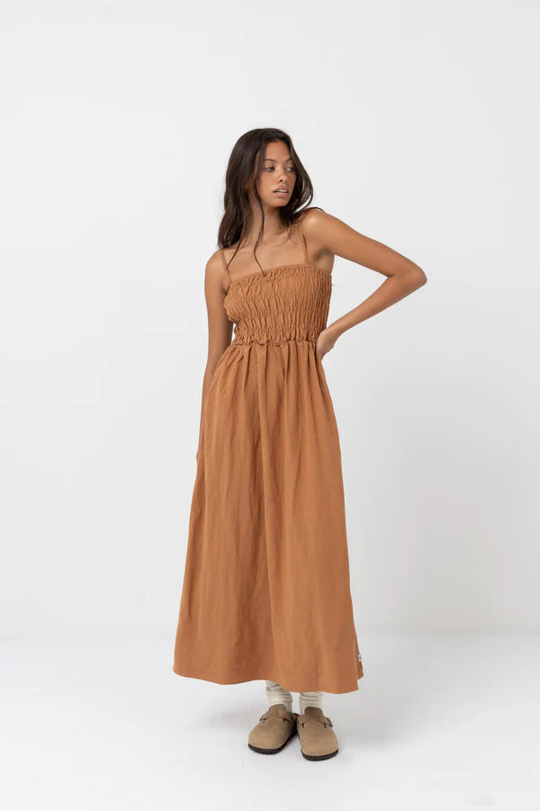 Rhythm Classic Shirred Midi Dress - Carmel