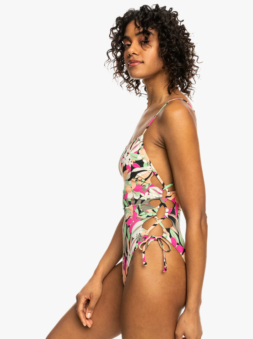 Roxy Printed Beach Classics Lace Up One-Piece Swimsuit - Anthracite Palm Song S