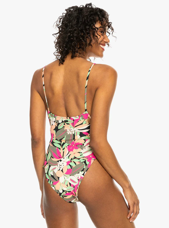 Roxy Printed Beach Classics Lace Up One-Piece Swimsuit - Anthracite Palm Song S