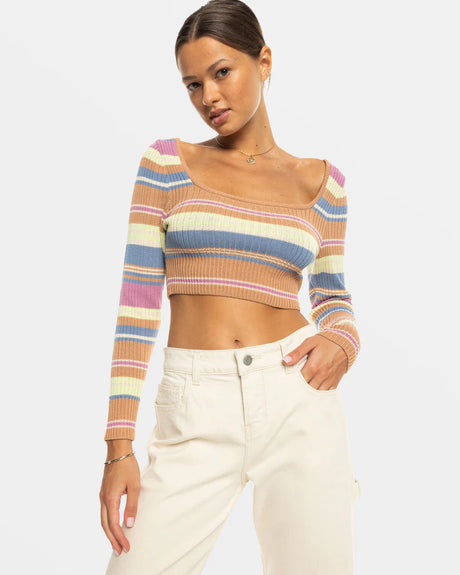 Roxy Sunshine Day Cropped Sweater Top- Camel Switchbackstripe