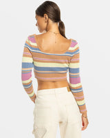 Roxy Sunshine Day Cropped Sweater Top- Camel Switchbackstripe