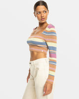 Roxy Sunshine Day Cropped Sweater Top- Camel Switchbackstripe