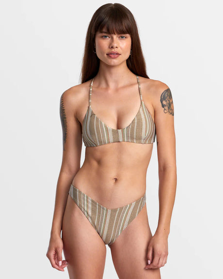 RVCA Pins Lurex V-Front French Bikini Bottoms - Dark Khaki