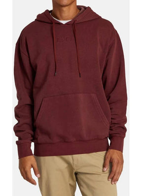 RVCA mens dark red pullover hoodie with kangaroo pocket and drawstring hood