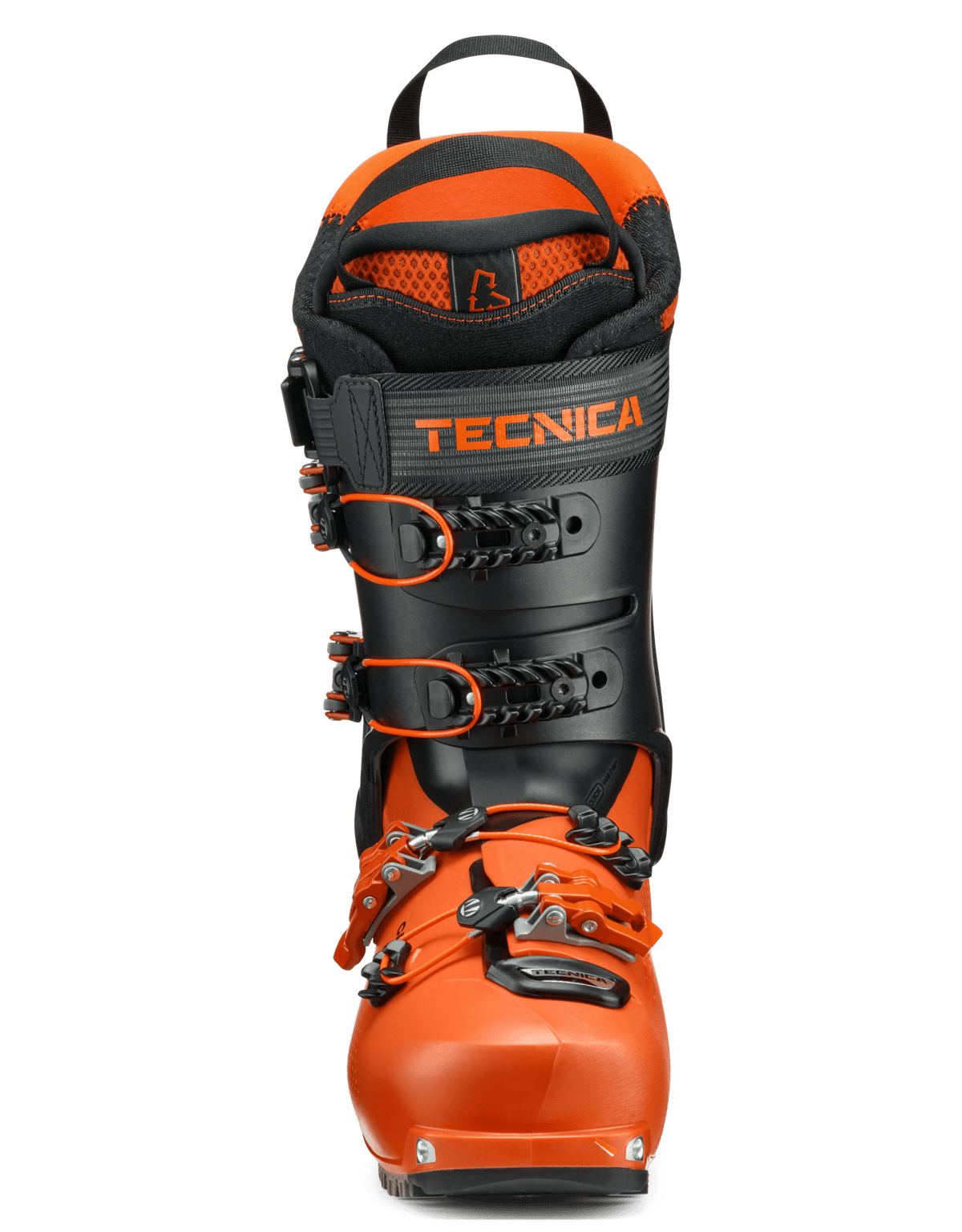 Tecnica alpine touring ski boot with four buckles, black cuff, and orange lower shell