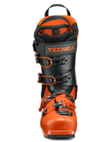 Tecnica alpine touring ski boot with four buckles, black cuff, and orange lower shell
