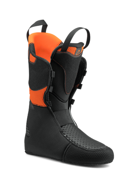 Tecnica Zero G Tour Pro ski boot liner with black shell and vibrant orange interior padding