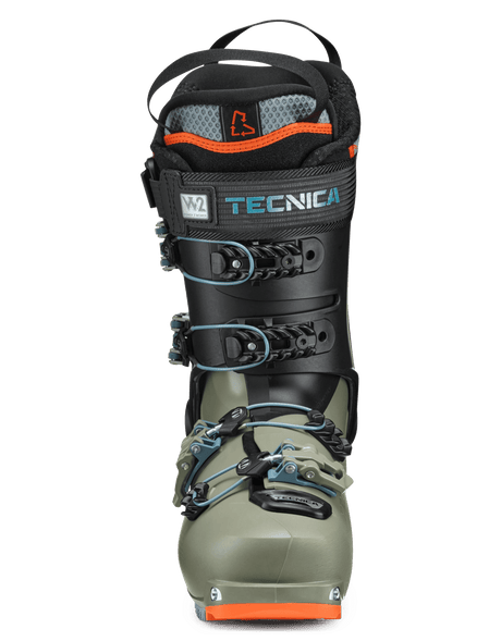Tecnica alpine touring ski boot with buckle closure system, dual-tone shell design, and padded collar