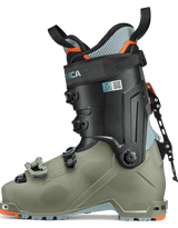 Tecnica alpine touring ski boot with buckle closures, shown in lateral profile view
