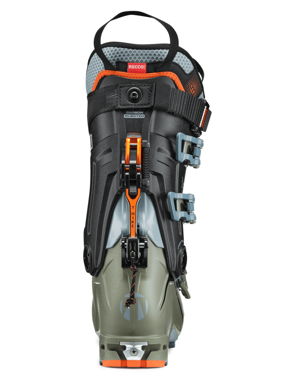 Rear view of a women's alpine touring ski boot with carbon-injected cuff and RECCO reflector