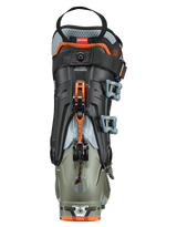 Rear view of a women's alpine touring ski boot with carbon-injected cuff and RECCO reflector