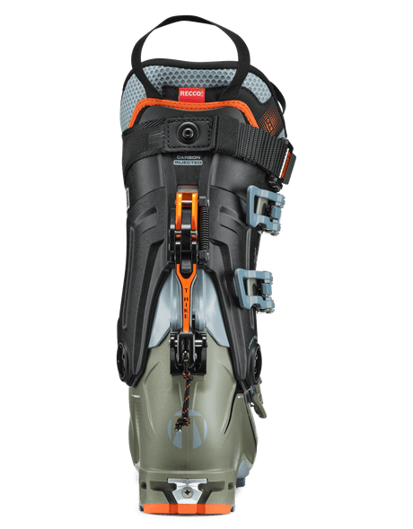 Rear view of a women's alpine touring ski boot with carbon-injected cuff and RECCO reflector