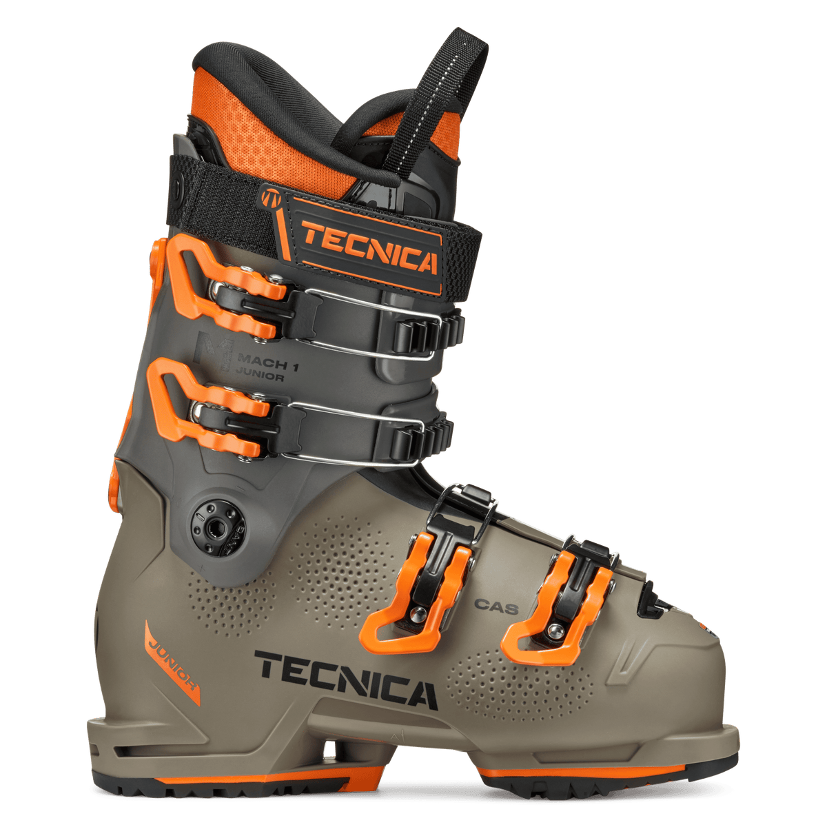 Tecnica Mach1 Junior alpine ski boot with four buckles and orange accents