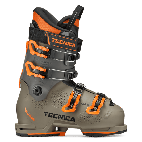 Tecnica Mach1 Junior alpine ski boot with four buckles and orange accents