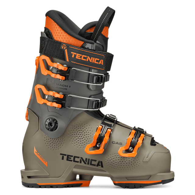 Tecnica Mach1 Junior alpine ski boot with four buckles and orange accents