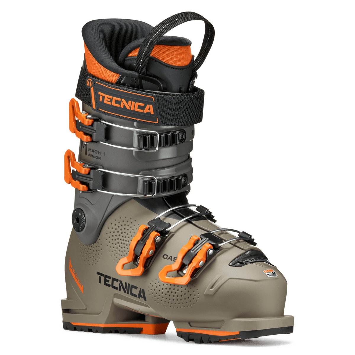 Tecnica Mach1 Junior alpine ski boot with four buckles and orange hardware accents