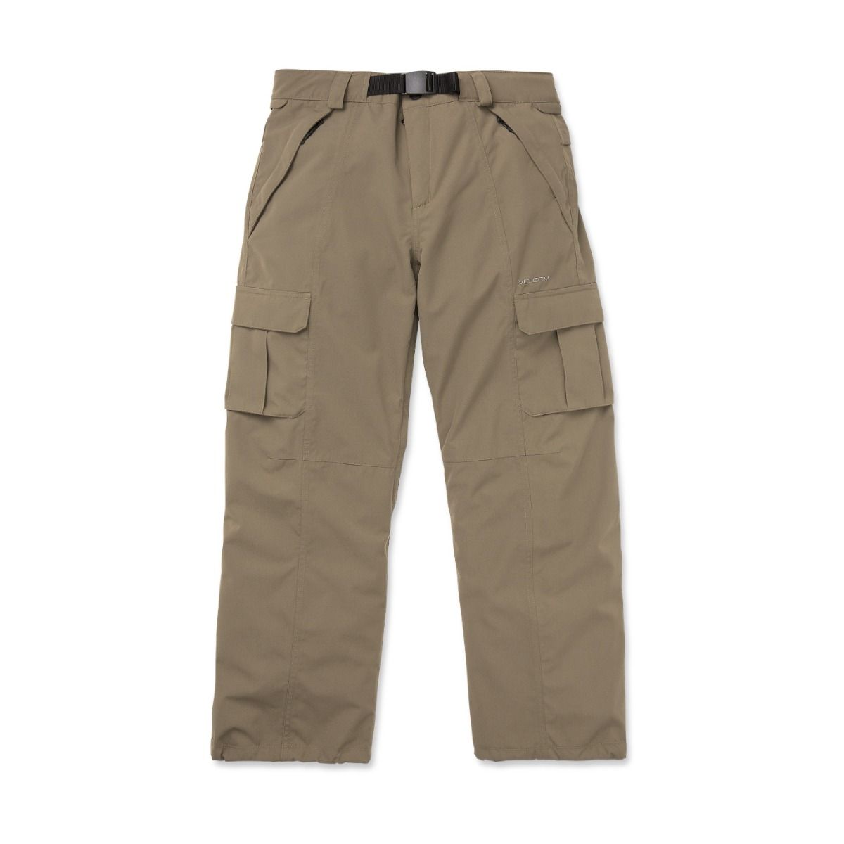 Volcom cargo snow pants with buckle belt, side pockets, and relaxed fit