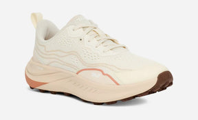 Women's low hiking shoe in birch and peach bloom colors with mesh upper and rugged sole