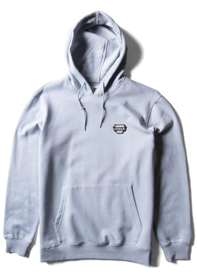 Light blue pullover hoodie with kangaroo pocket and small Vissla embroidered chest patch