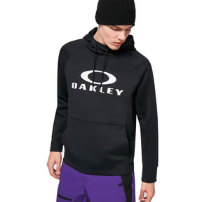 Black Oakley Bark DWR Fleece hoodie with white logo on male model