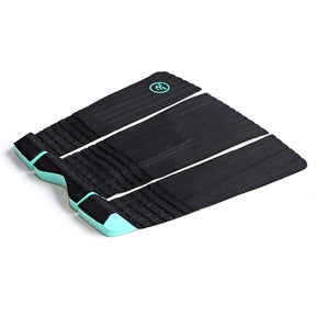 Black rear traction pad with textured grip and teal accents, designed for surfboards or kiteboards