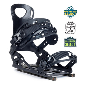 Black snowboard binding with adjustable straps, featuring Backcountry Gear Guide Select award badges.