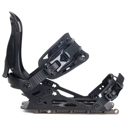 Black snowboard binding with adjustable straps and highback, side profile on white background